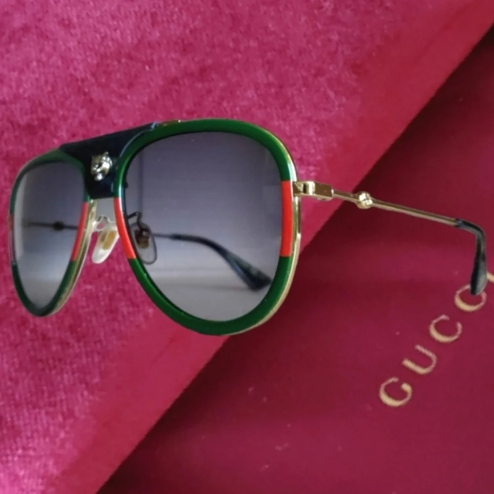 New Gucci GG0062S Green Red Web Aviator Sunglasses Gradient Lenses Case Dustbag